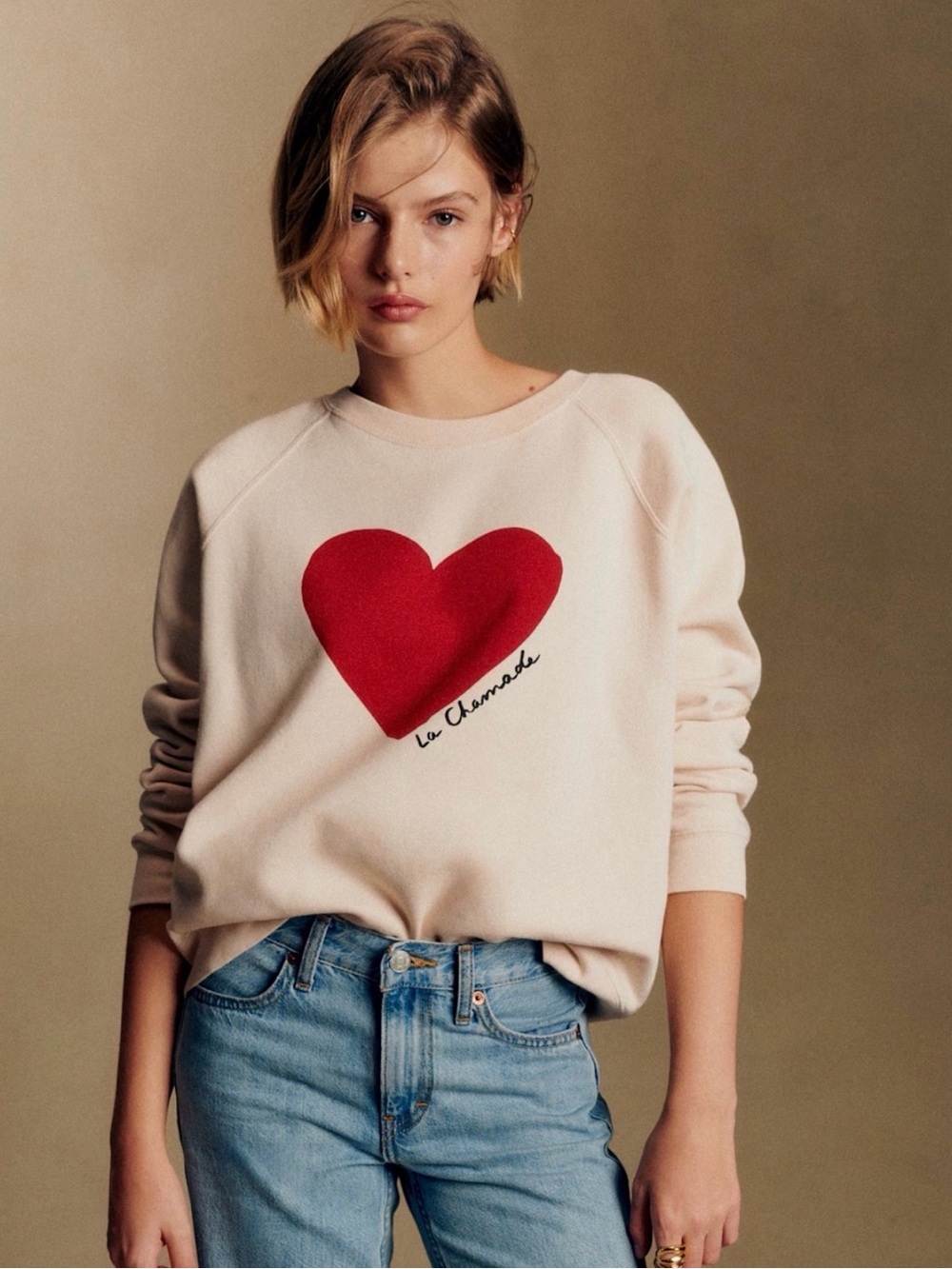 Sézane La Chamade Sweatshirt Cream Red Heart Size L Organic Cotton